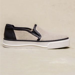 M.GEMI THE GINA LINEN LEATHER MADE IN ITALY SLIP ON SNEAKER BEIGE BLACK SIZE 37